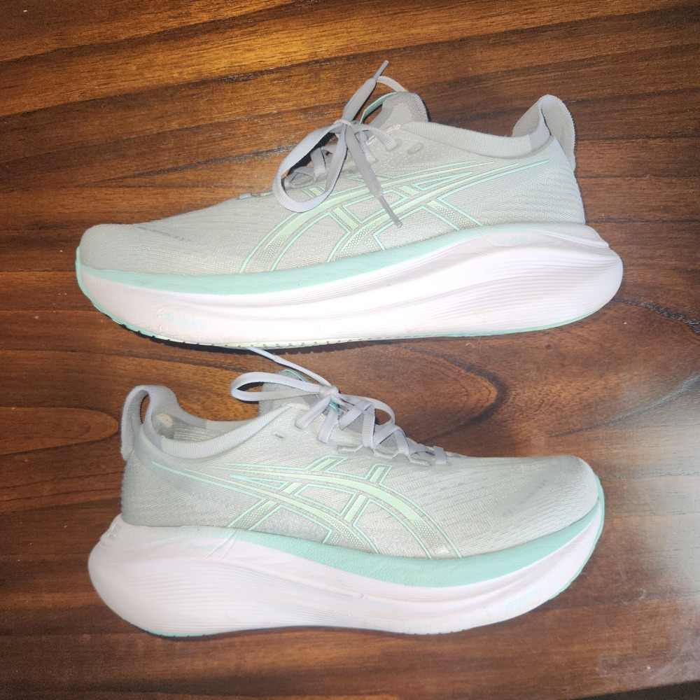 ASICS Gel-Nimbus 27 Womens Size 9 Piedmont Grey Illuminate Mint Running Shoes - Picture 2 of 12